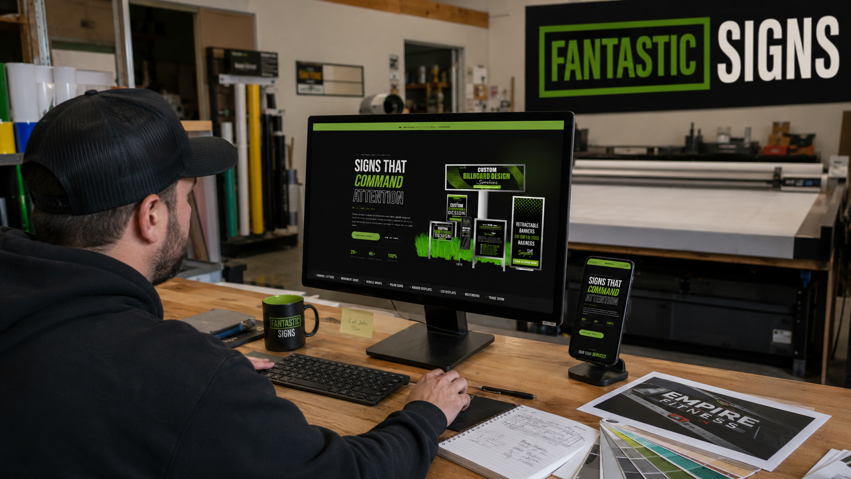 Fantastic Signs team member reviewing the website at the workbench