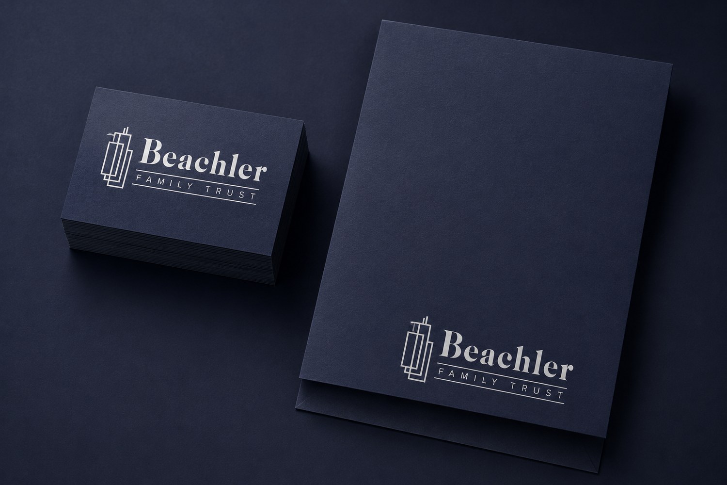 Beachler Family Trust navy business cards and folded letter