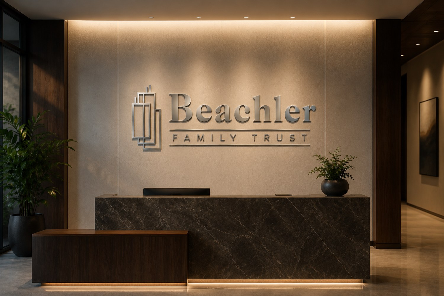 Beachler Family Trust dimensional logo on an upscale lobby reception wall