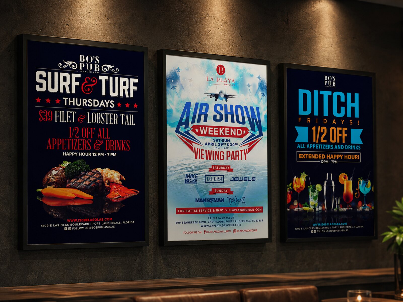 Framed Bokampers group event posters on a wall