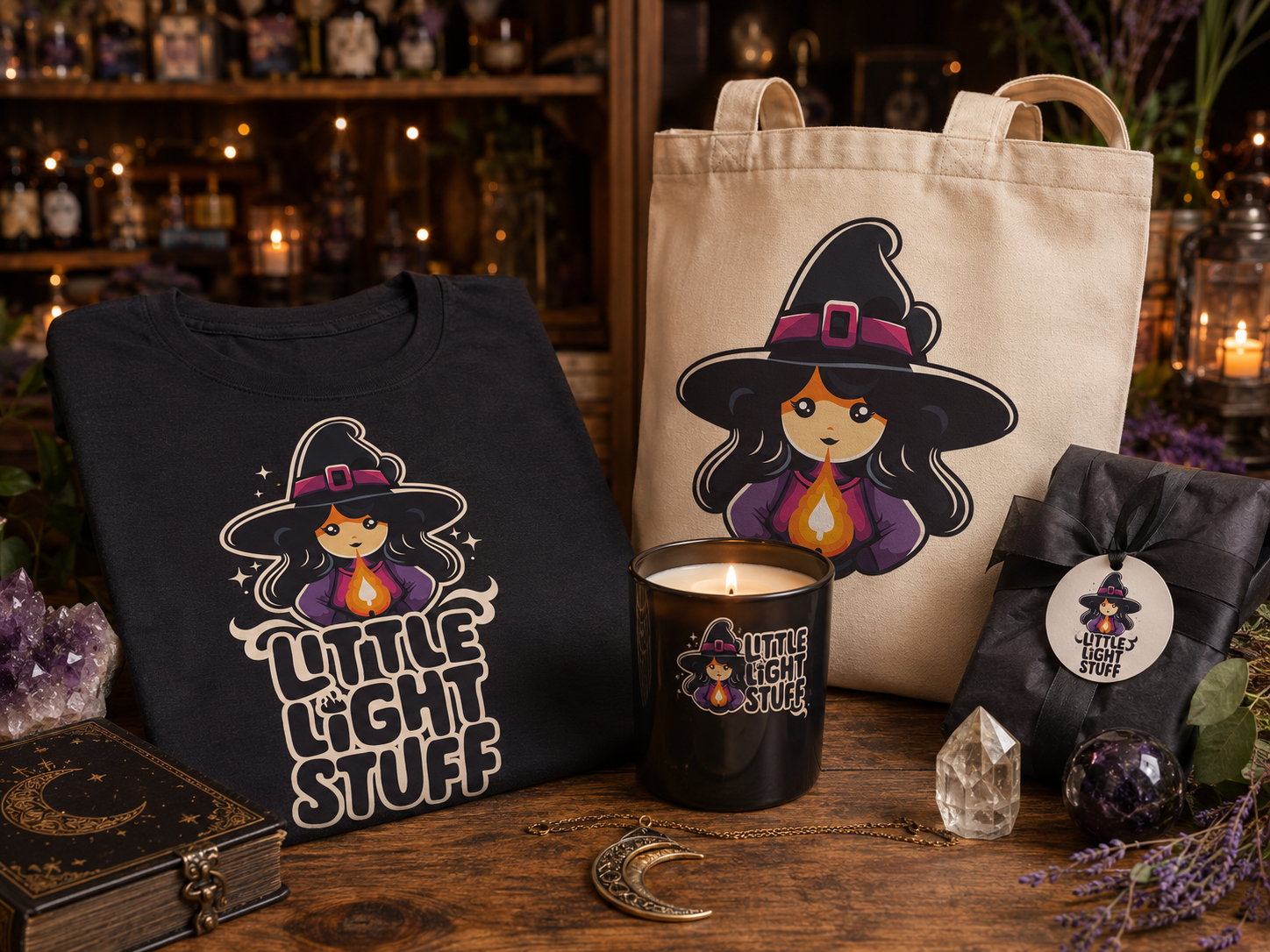 Little Light Stuff product mockups — shirt, tote bag, candle, gift box