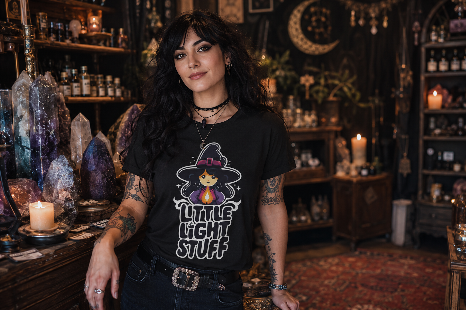 Little Light Stuff brand in the wild — mascot tee on model