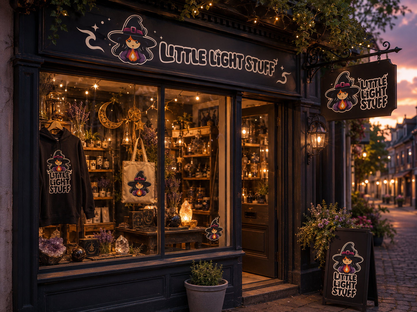 Little Light Stuff storefront at night with signage