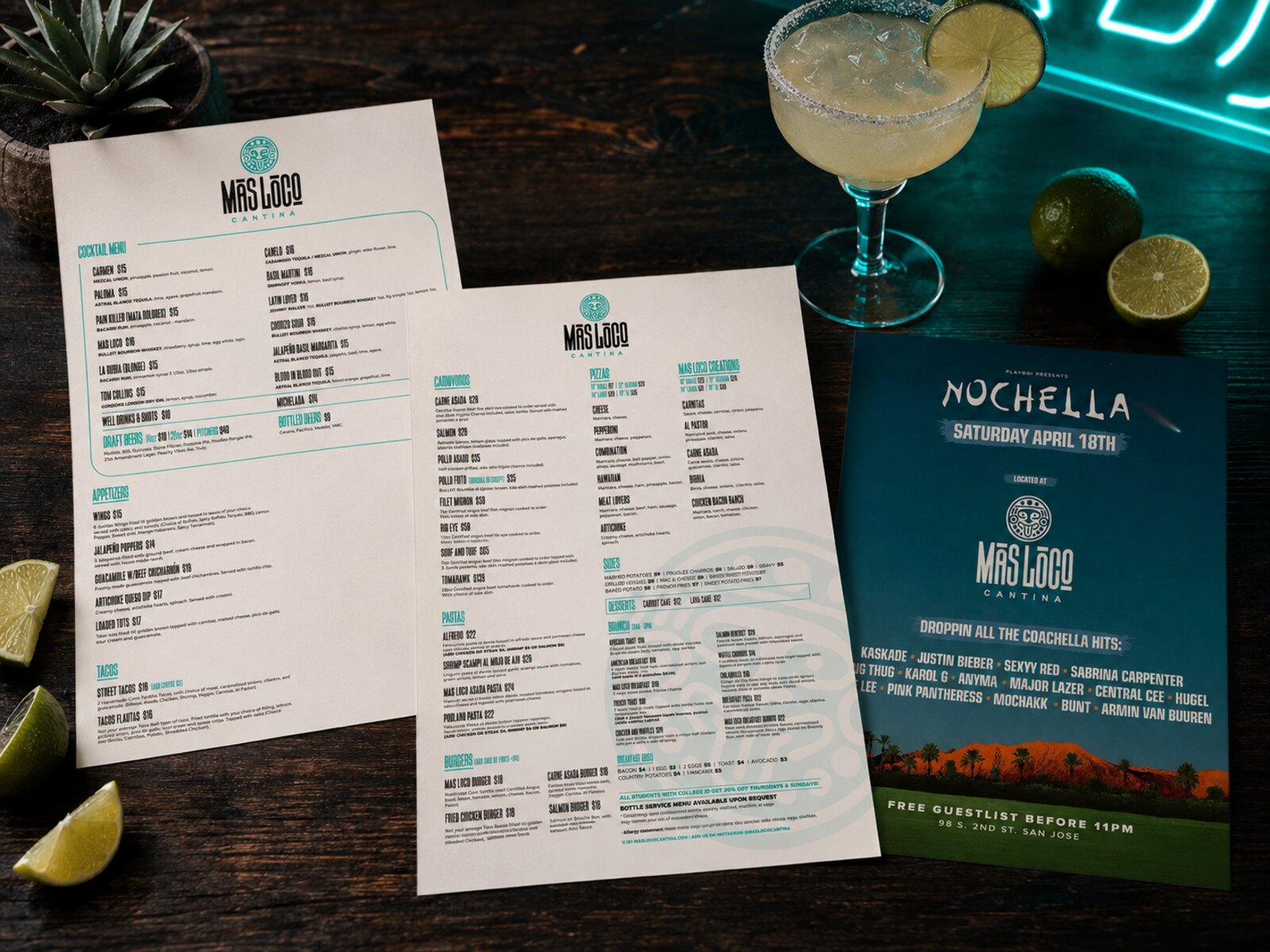 Más Loco Cantina menu and flyers flat-lay
