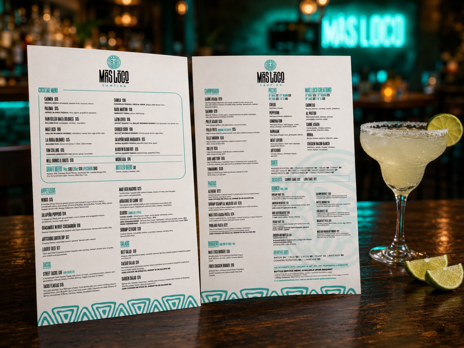 Más Loco Cantina printed menu on a cantina table