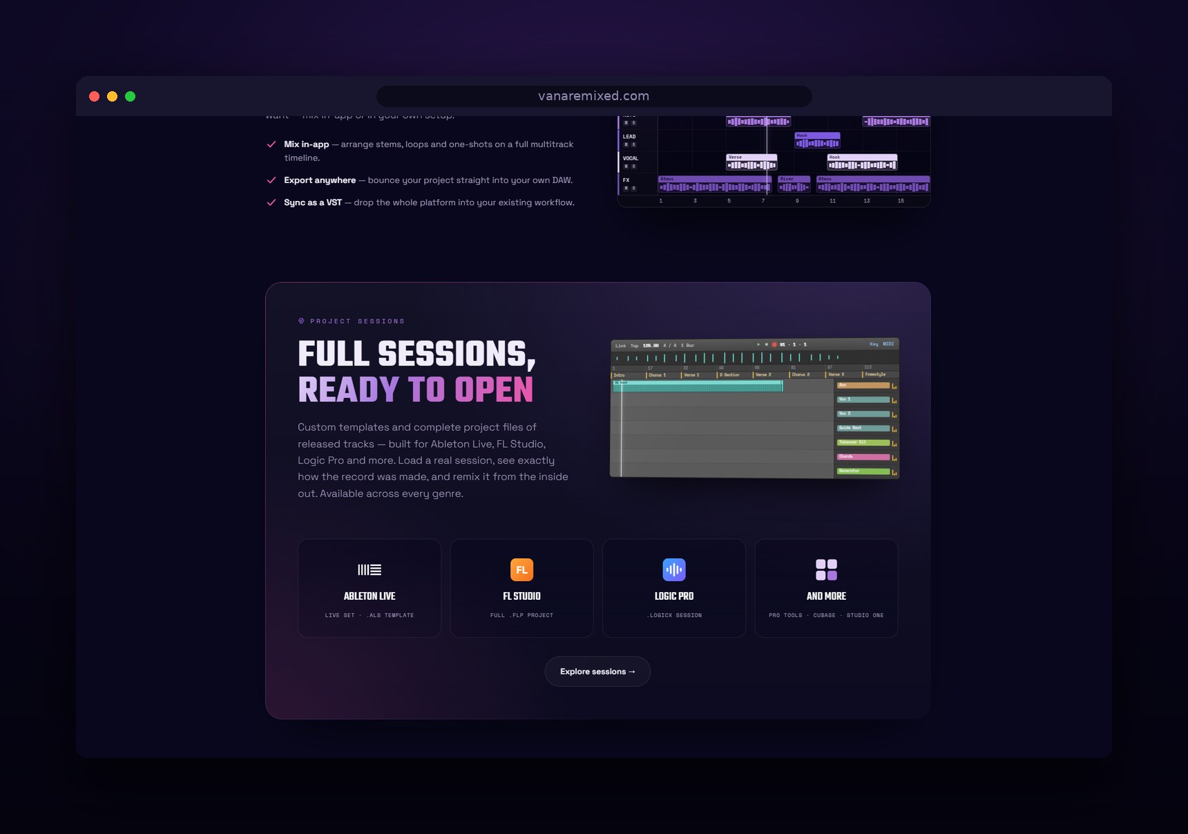 Vana Remixed full sessions and DAW section